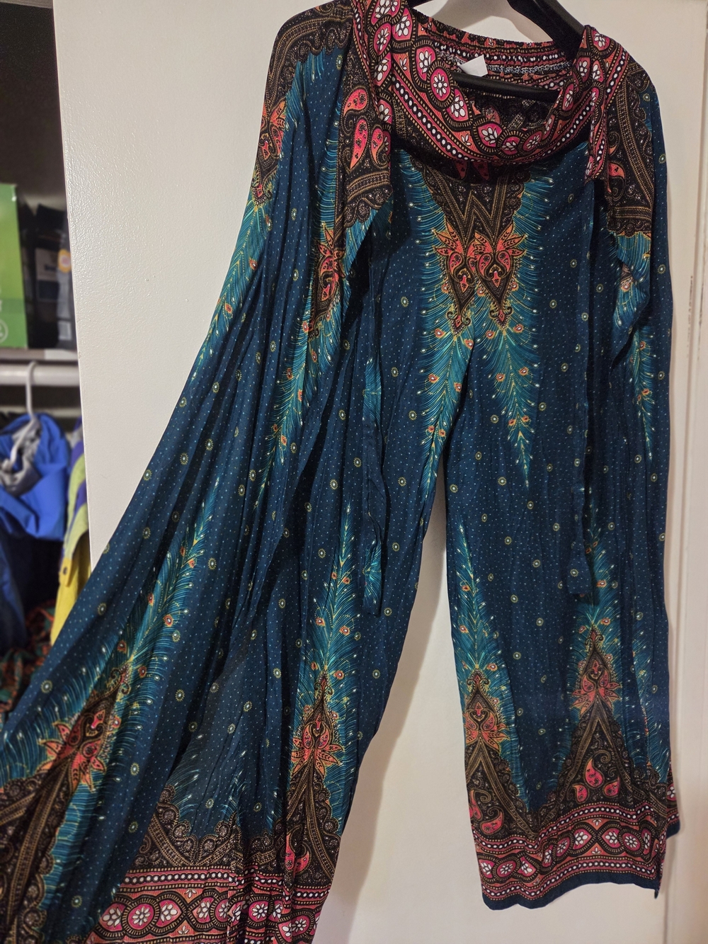 Teal Wide-Leg Jumpsuit Pants with Pink Paisley Trim